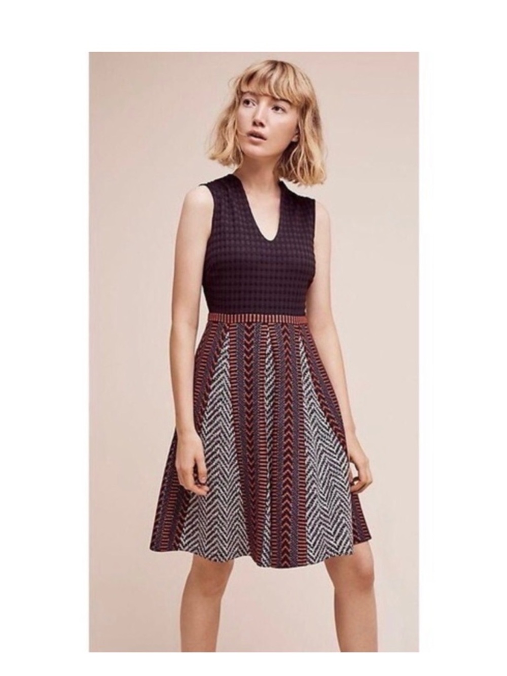 Maeve Sleeveless V-Neck Patterned Fit-and-Flare Dress in Black & Burgundy